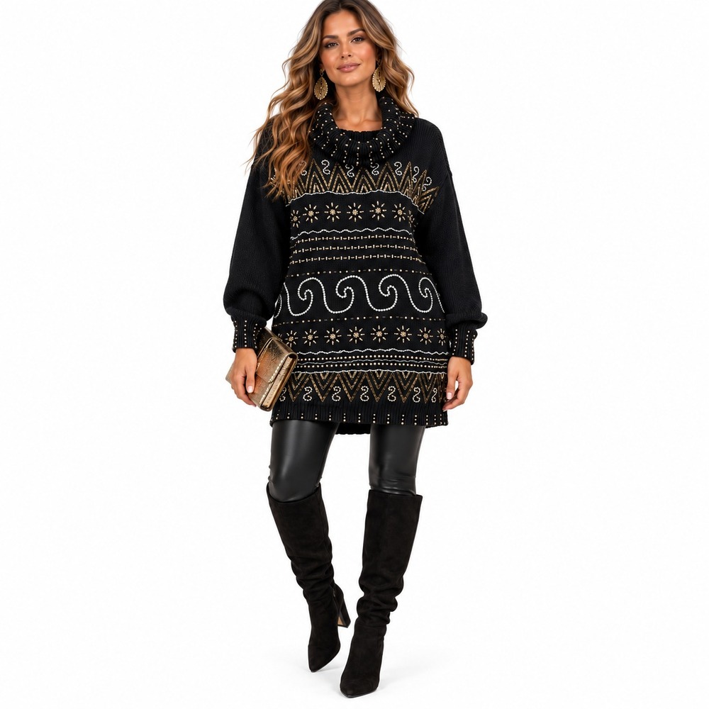 Victoria Jones Beaded Cowl Neck Sweater Womens M L Black Southwest Tunic Vintage